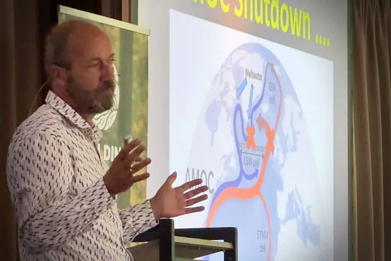 Reinier van den Berg highlighting the power of rewilding as a climate strategy, connecting ecosystem restoration with resilience and human well-being at Rewilding Our World 2025 (Photo: Arend de Haas)