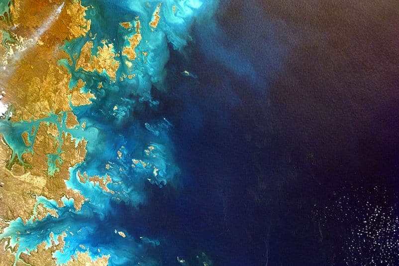A photo of an ocean and landscapes from space representing a course on spatial data for biodiversity.